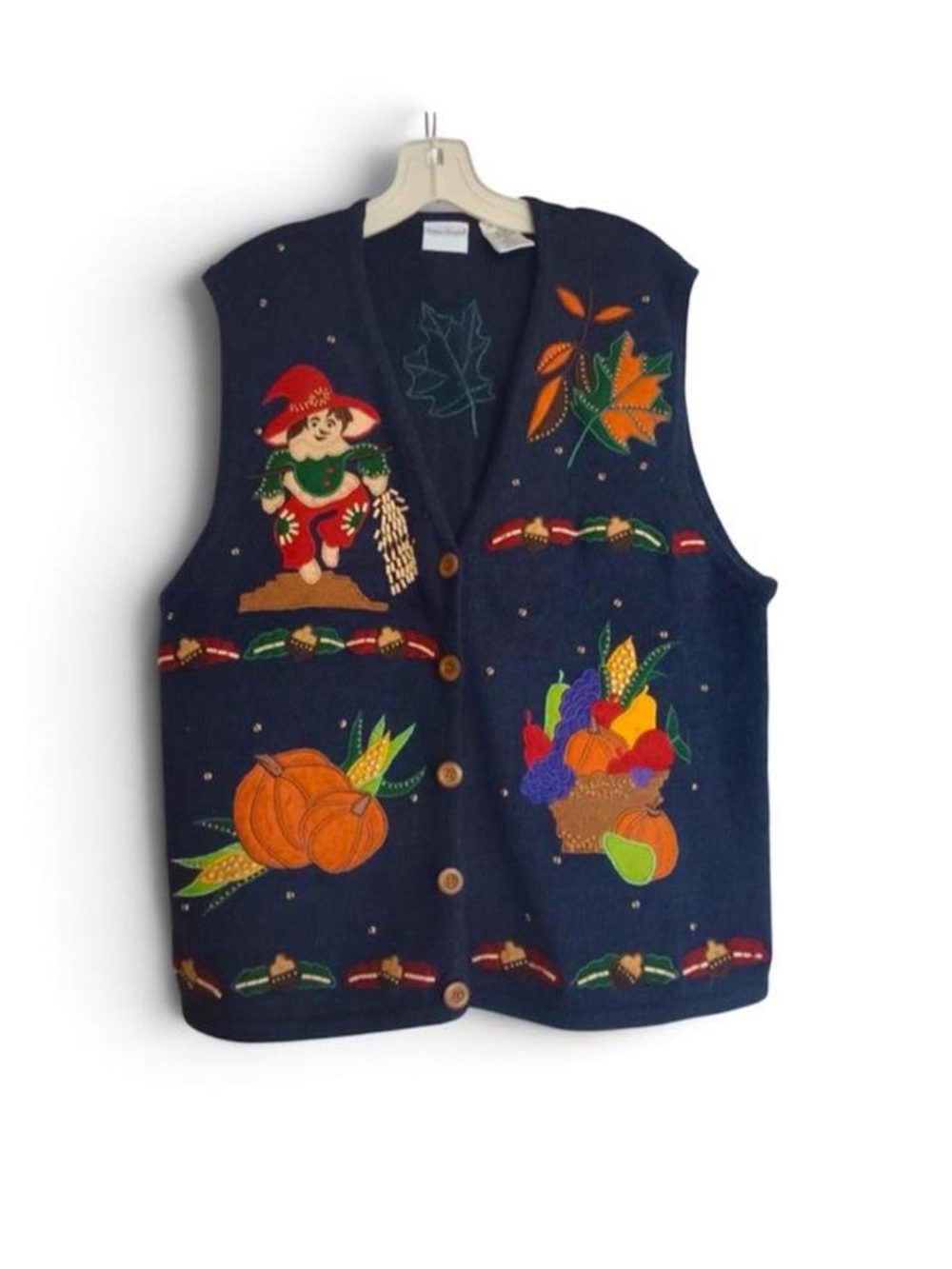 Bobbie Brooks Navy Autumn Harvest Embroidered Vest XL Halloween Fall Grannycore